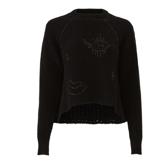 (Nude) Sweater Womens X Small Black Embroidered Face Mock Neck Wool - Picture 9 of 9